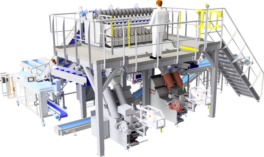 Complete avocado packaging line with two C-pack clippers and a Newtec weigher, automated solution for net packaging