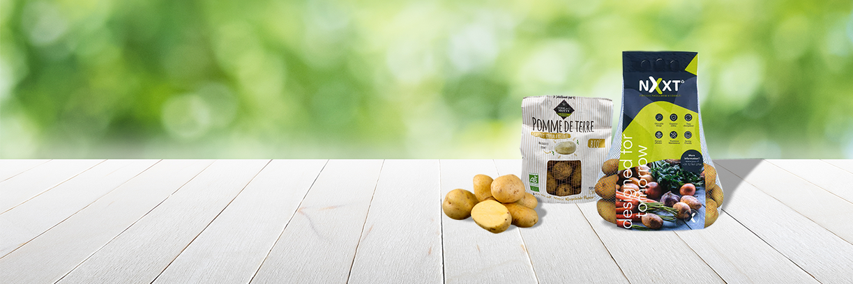 Packed potatoes such as baby potatoes and organic slices in sustainable packaging by JASA Packaging, displayed 