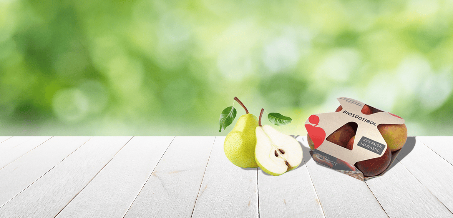 Appels en peren duurzaam verpakt in kartonnen schaal met papieren sleeve – 100% plasticvrije verpakking voor hardfruit