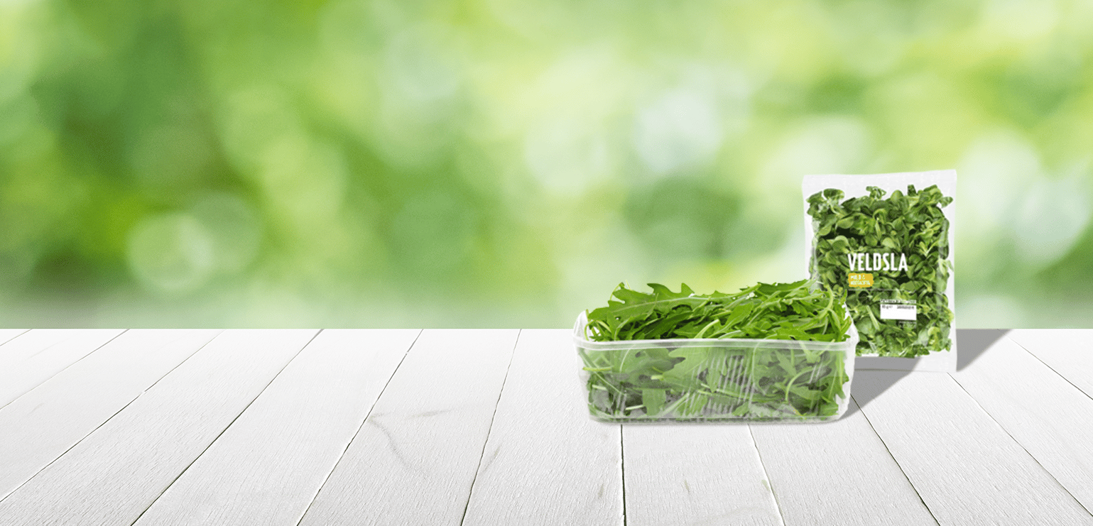 Schalen- und Beutelverpackung mit frischem Salat, verpackt auf einer automatisierten JASA Wiege- und Verpackungslinie