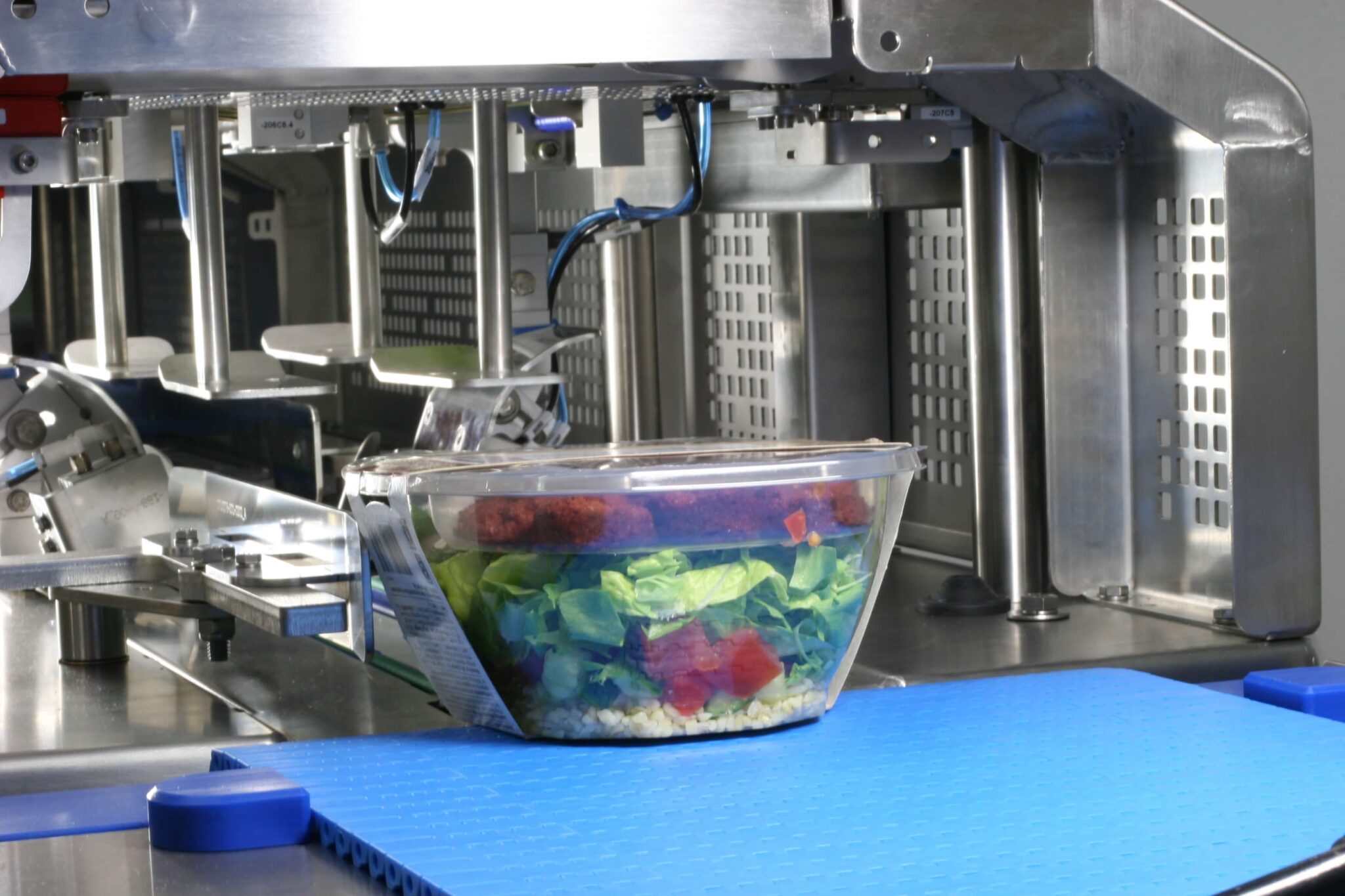 Ready-to-eat salad tray being packaged on a JASA food packaging machine
