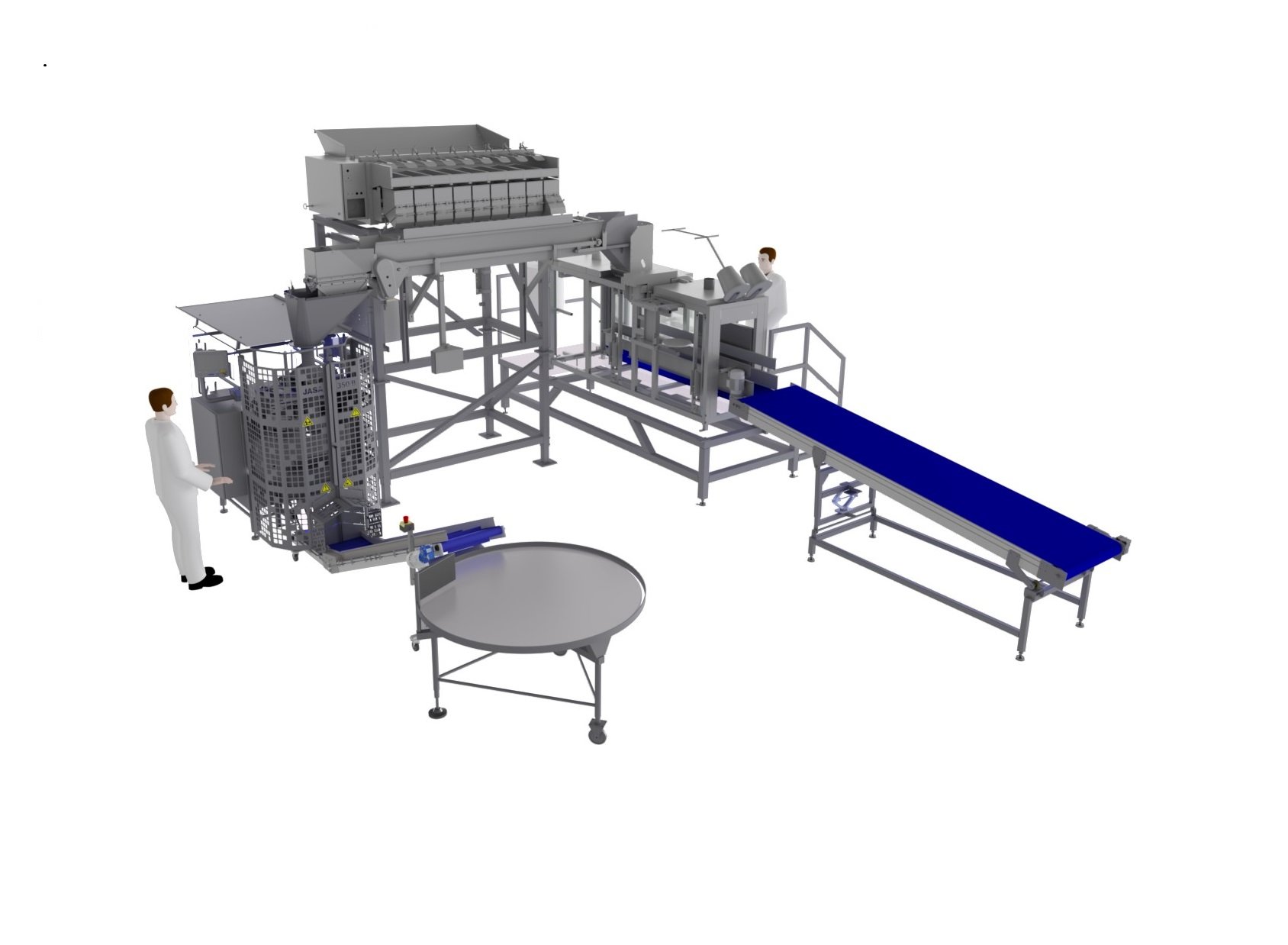 Layout met Newtec weegsystemen en C-pack verpakkingsmachines voor het verpakken van uien in buisnet netverpakkingen