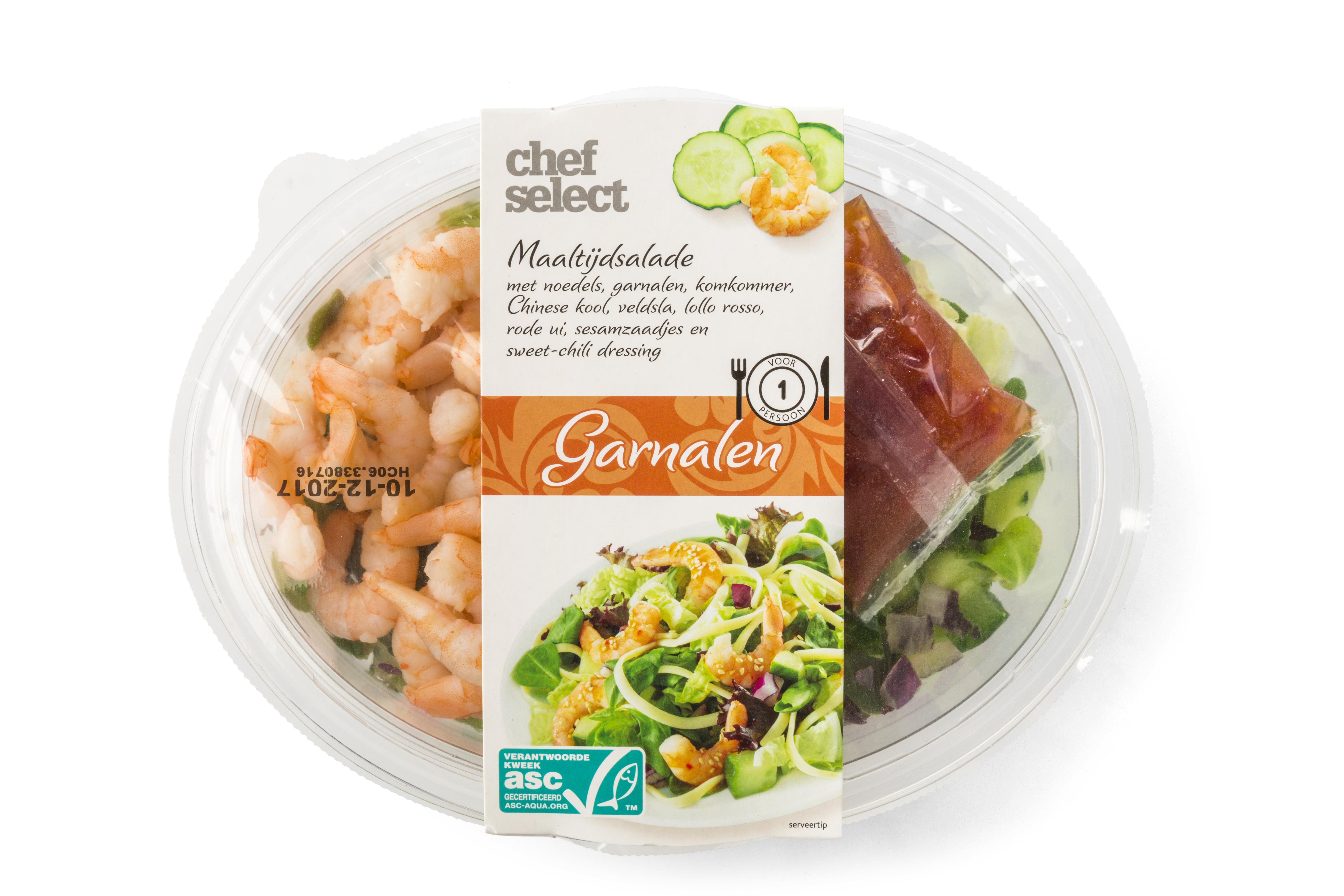 Tray meal salad shrimps sleeve